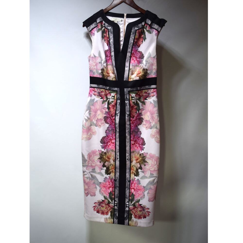Ted Baker London Women’s Size 3 Floral Bodycon Sheath Midi Dress Pink Black